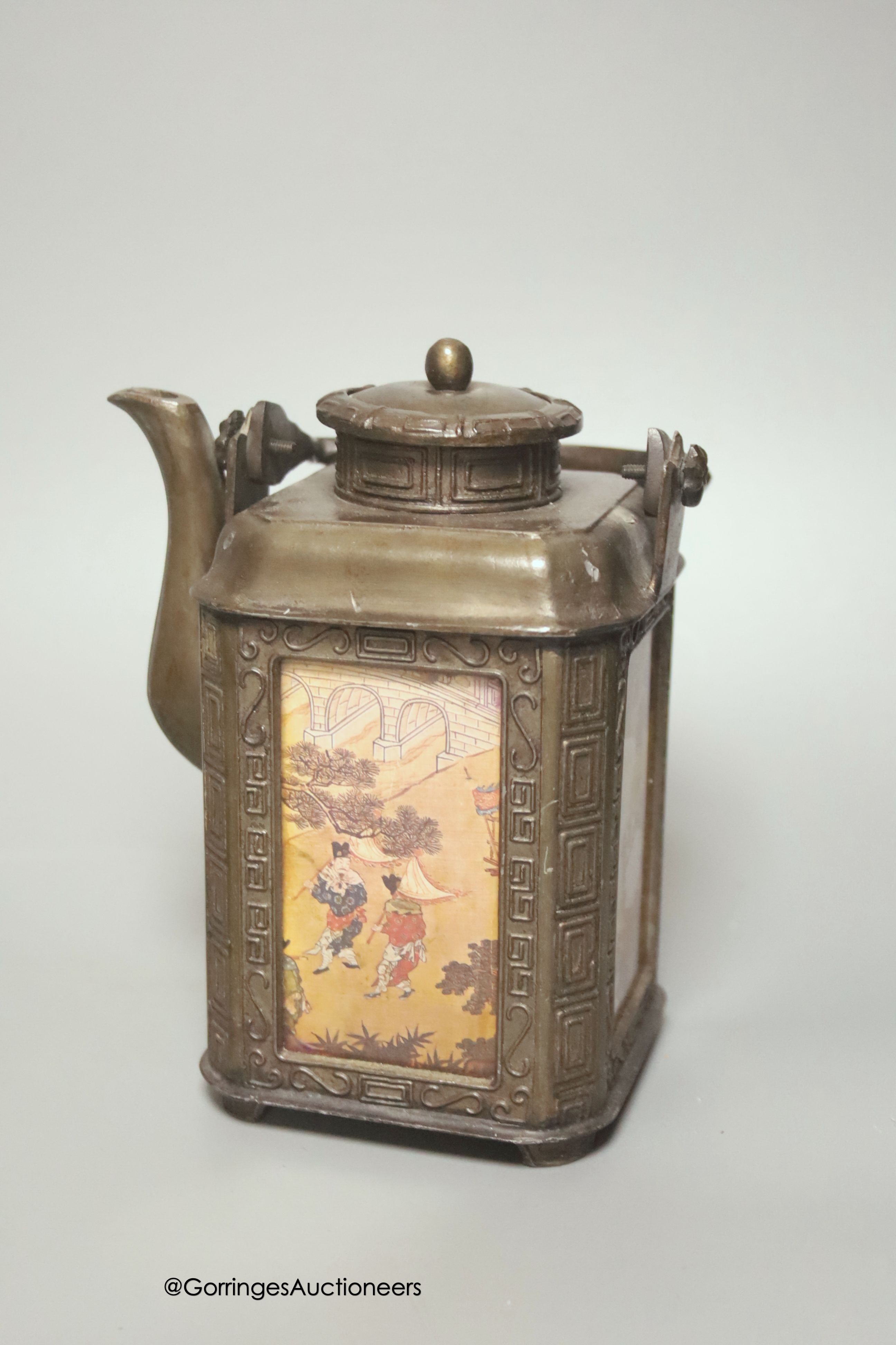 A Chinese bronze censer, teapots, a carved bone shrine, etc.